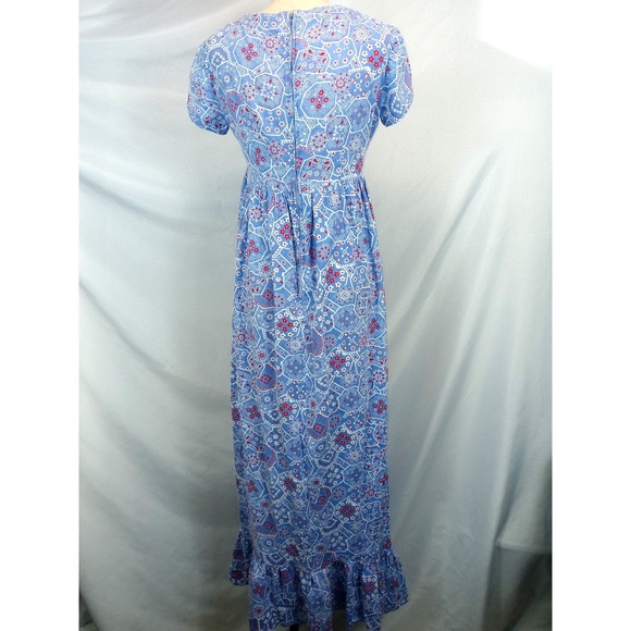 Vintage Handmade Maxi Dress Bandana Print Blue Red Cottagecore Prairie 70s - Picture 3 of 7